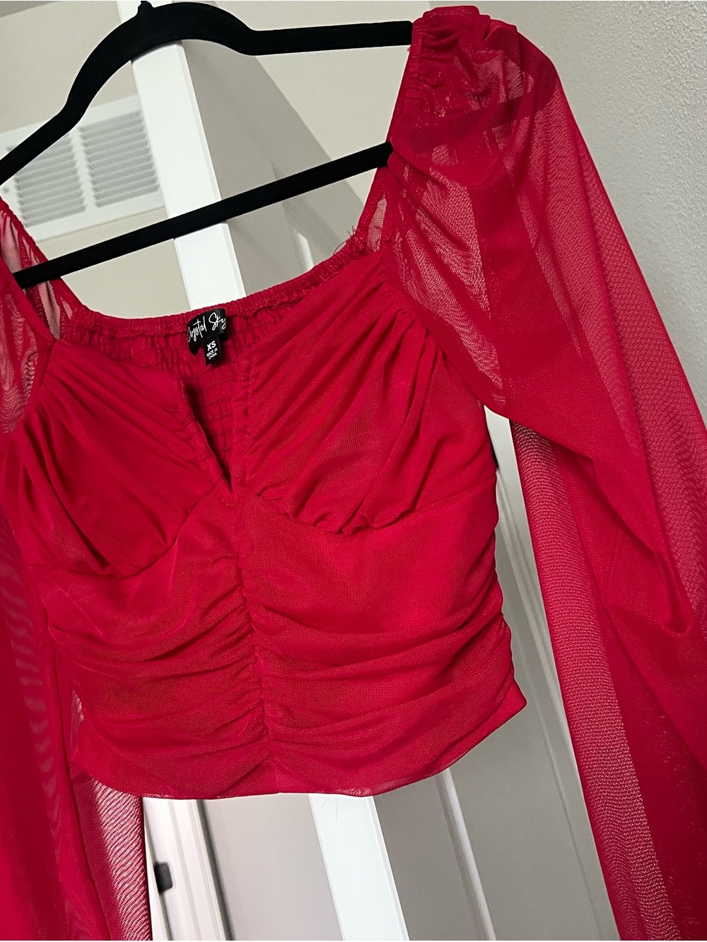 Bright Red Ruched Mesh Crop Top - Picture 2 of 5